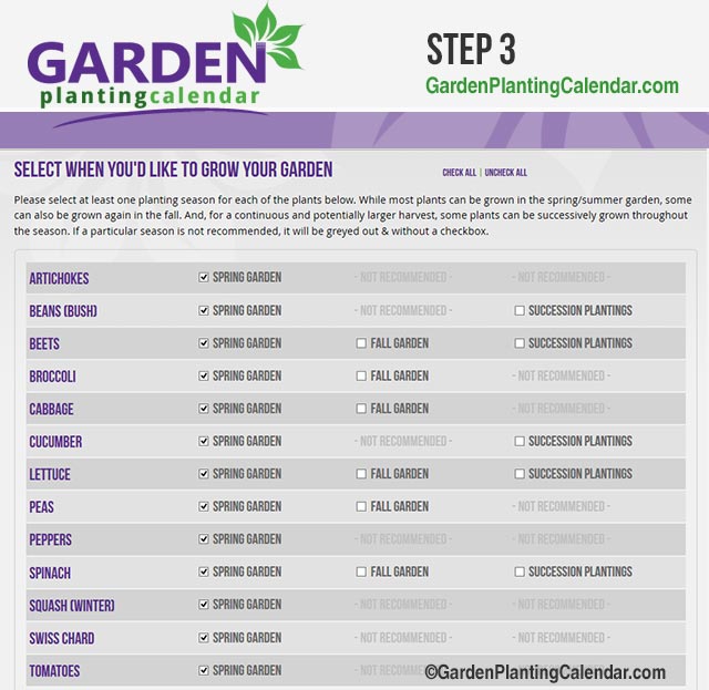 GardenPlantingCalendar.com Step 3 - Select When You'd Like to Grow Each Type of Plant